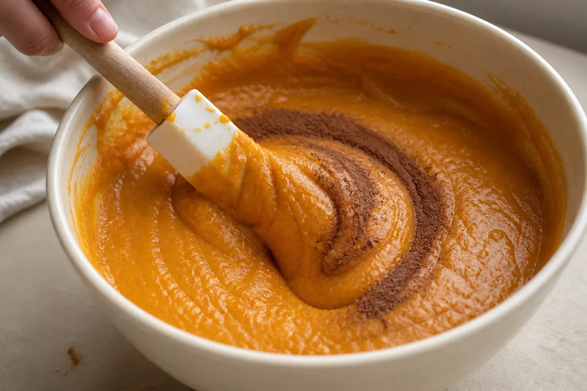 Measured cinnamon folded into orange pumpkin pie filling - pumpkin pie spice substitutes | KnowTheSpices