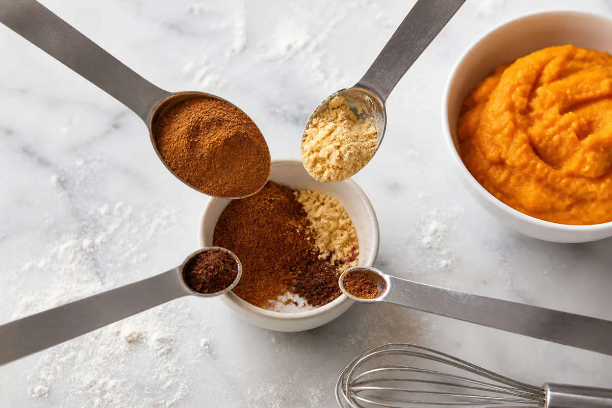 Measured cinnamon, ginger, nutmeg, and cloves entering a small bowl - pumpkin pie spice substitutes | KnowTheSpices