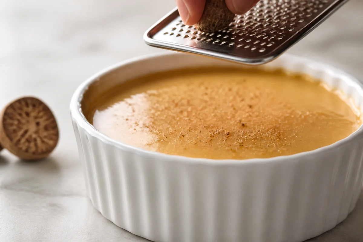 Fresh nutmeg grated lightly over pale pumpkin custard - pumpkin pie spice substitutes | KnowTheSpices