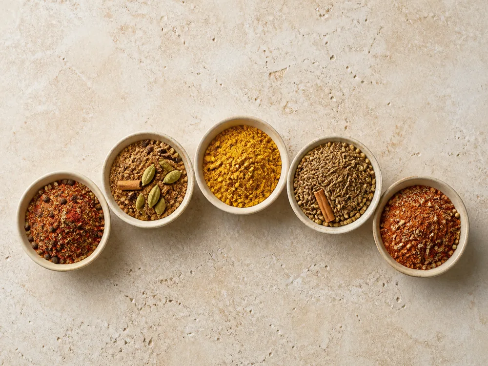 DIY cumin blend, baharat, garam masala, curry powder, and cardamom cinnamon blend in measured bowls - ras el hanout substitutes | KnowTheSpices