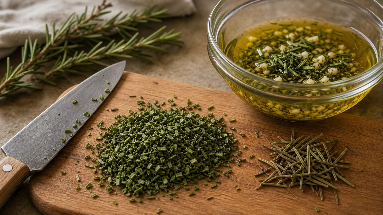 Rosemary needles stripped from the stem and finely chopped on a board next to a bottle of olive oil