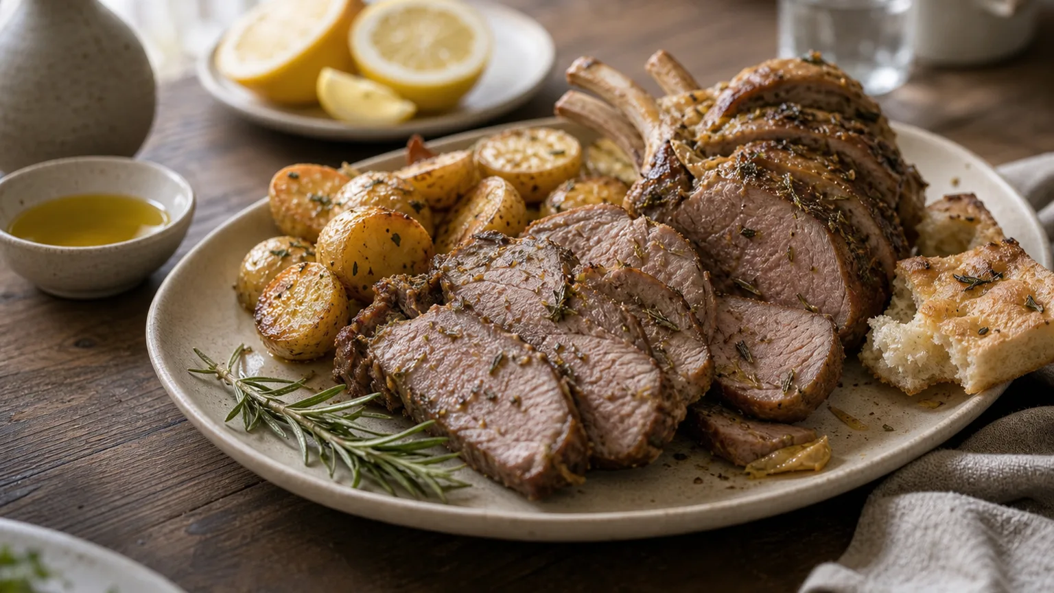 Roasted potatoes, a lamb chop, and rosemary focaccia arranged with fresh rosemary sprigs
