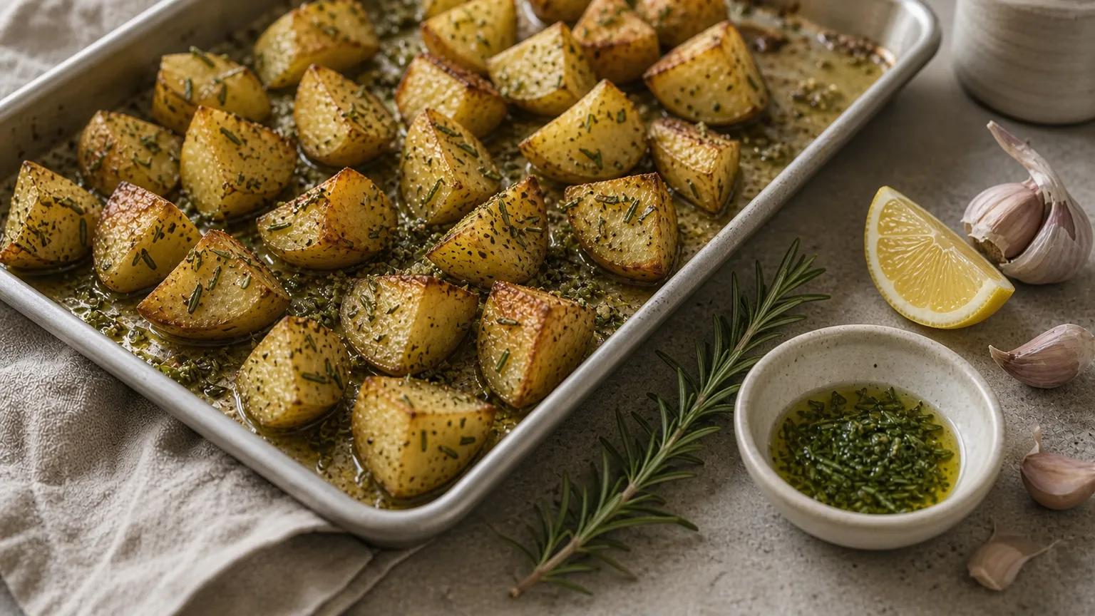 Potatoes tossed with rosemary sprigs and olive oil on a sheet pan going into the oven
