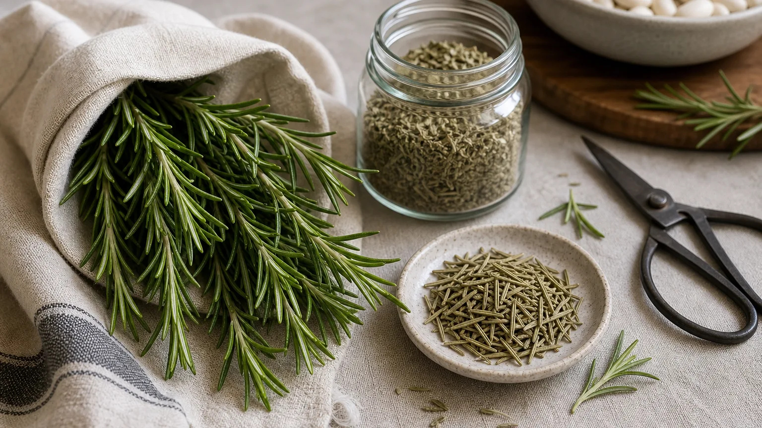 Fresh rosemary sprigs wrapped in a cloth beside a jar of dried rosemary needles