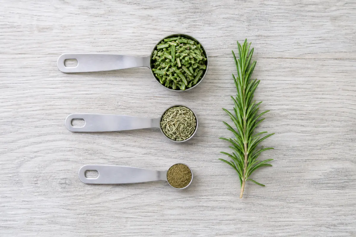Fresh leaves, dried leaves, and ground herb shown in measured rosemary substitute volumes - rosemary substitutes | KnowTheSpices