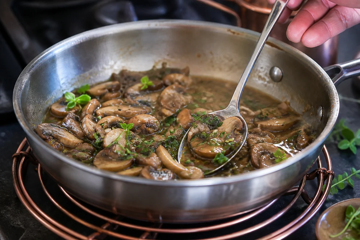 Marjoram leaves folded into mushroom pan sauce after direct heat is lowered - rosemary substitutes | KnowTheSpices