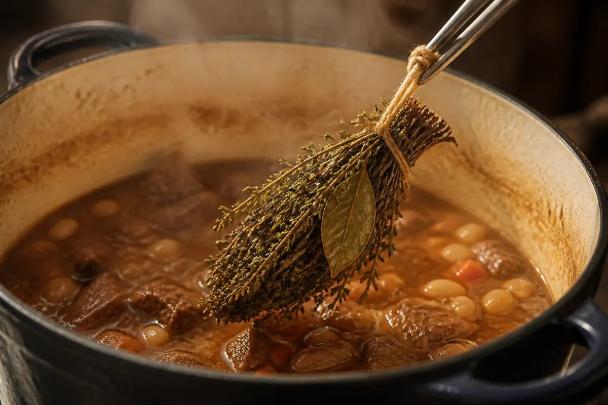 Thyme and bay herb bundle lifted from a steaming braise - rosemary substitutes | KnowTheSpices
