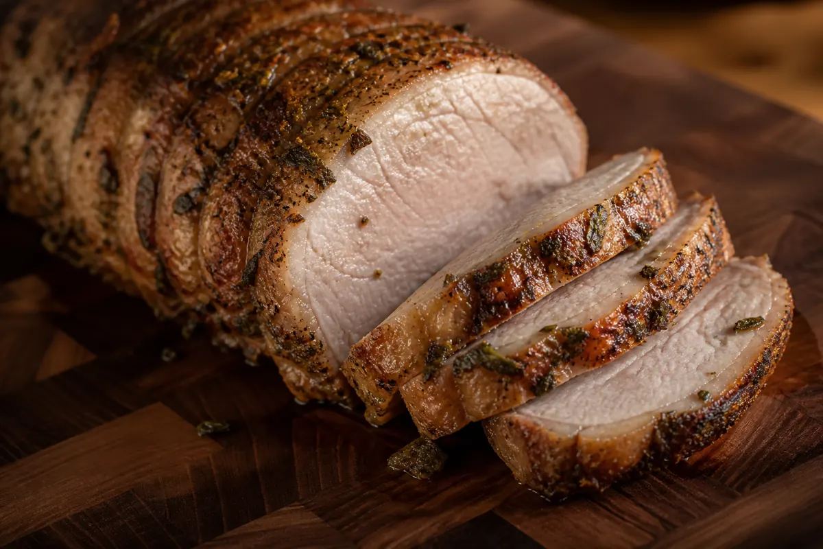 Sage forming a light herb crust on sliced roasted pork loin - rosemary substitutes | KnowTheSpices