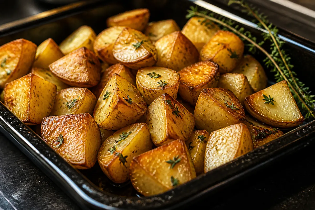 Fresh thyme leaves adhered to crisp roasted potatoes - rosemary substitutes | KnowTheSpices