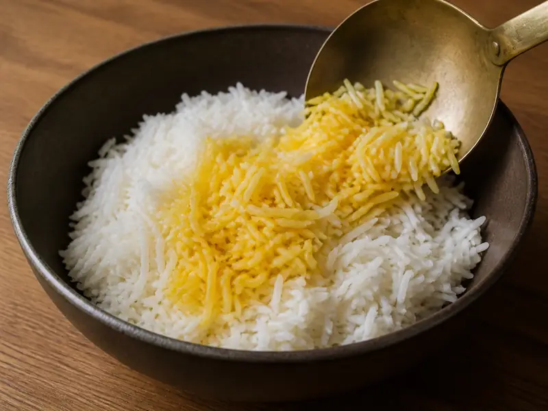 Golden saffron rice being folded gently through white basmati with a brass spoon - saffron basmati rice | KnowTheSpices