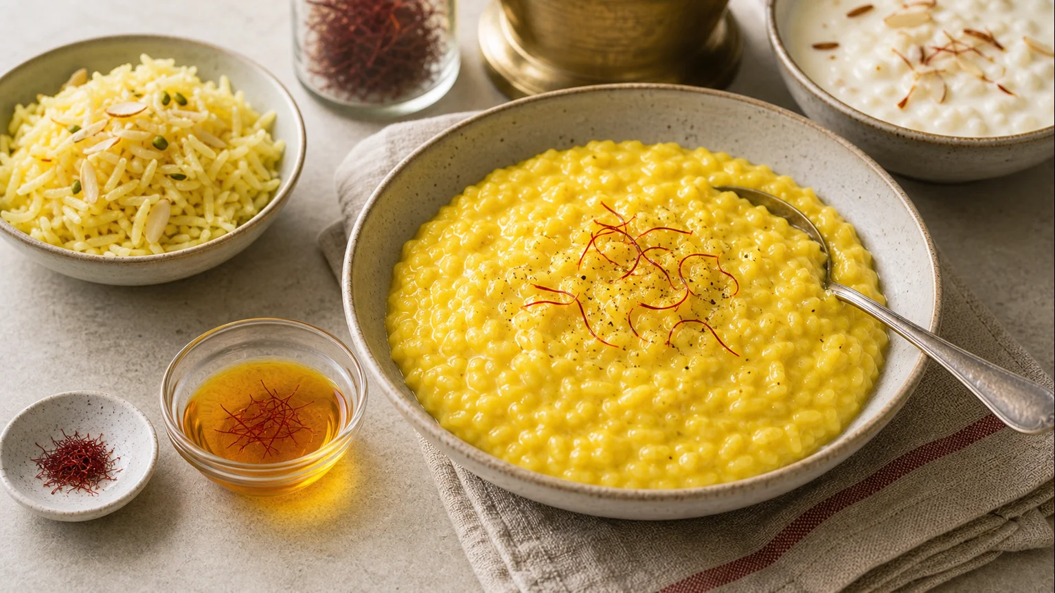 Measured saffron pinch, golden bloom liquid, paella rice, risotto, kheer, and fish stew