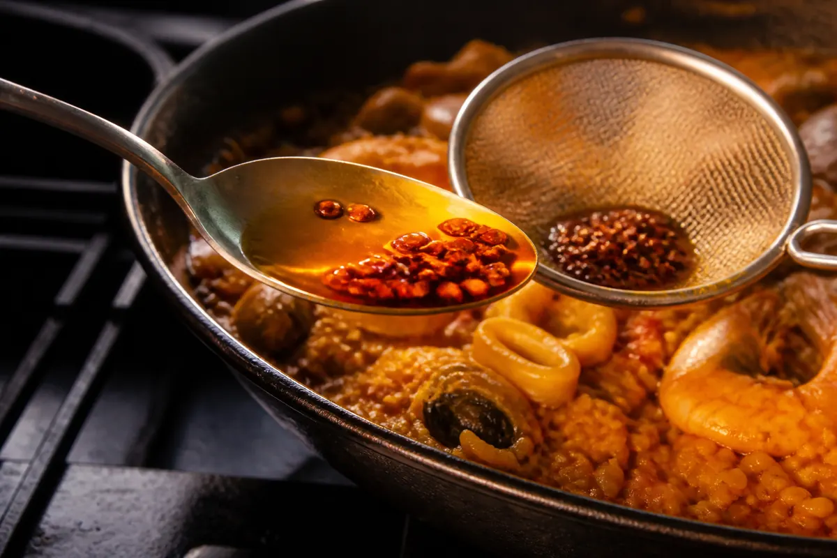 Annatto seeds tinting a spoonful of oil beside seafood rice - saffron substitutes | KnowTheSpices