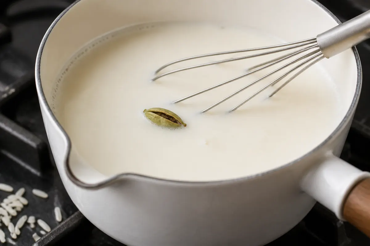 Cracked cardamom pod steeping in milk for rice pudding - saffron substitutes | KnowTheSpices