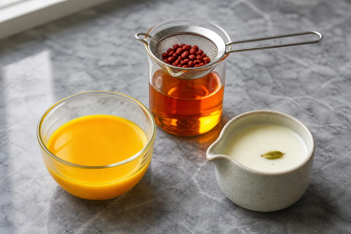 Turmeric water, annatto oil, and cardamom milk shown as separate extractions - saffron substitutes | KnowTheSpices