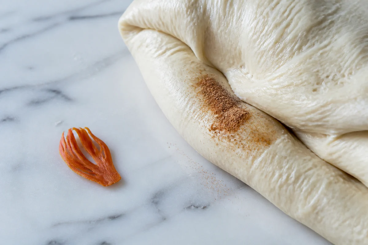 Ground mace folded into pale enriched bread dough beside one orange mace blade - saffron substitutes | KnowTheSpices