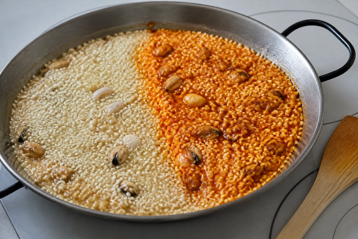 Sweet paprika tinting one side of a pale seafood-rice pan red-gold - saffron substitutes | KnowTheSpices