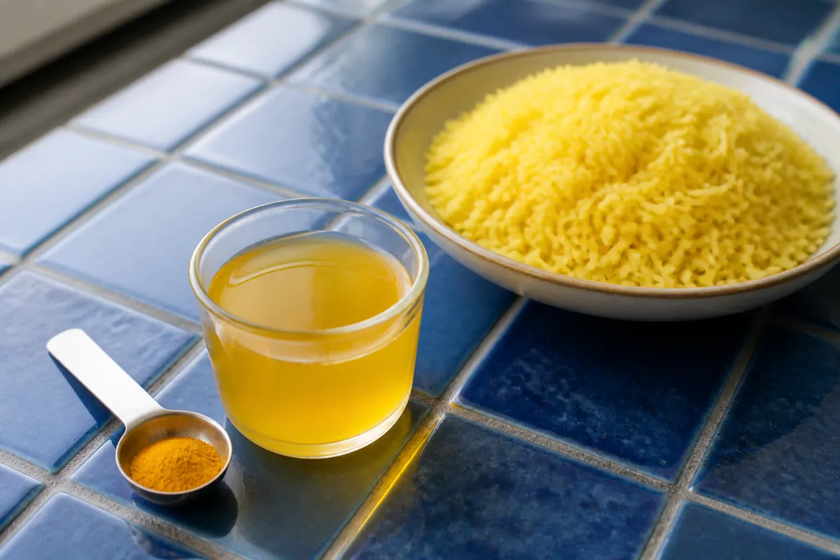 Quarter teaspoon turmeric diluted in warm water beside golden rice - saffron substitutes | KnowTheSpices