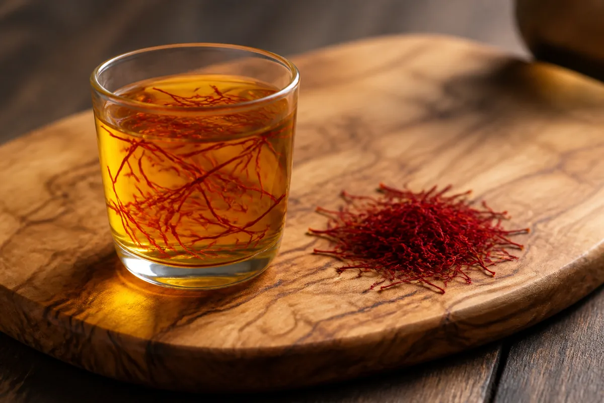 Saffron threads releasing golden color into a glass of water beside a pile of dry red threads
