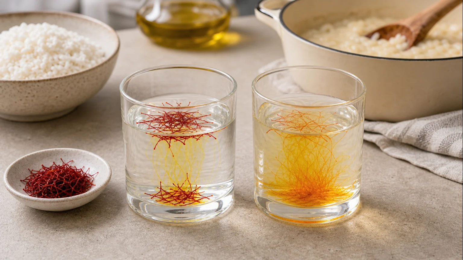 Saffron threads, warm water turning gold, pale fake-looking threads, rice, mortar, and milk