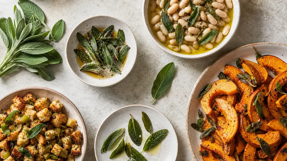 Fresh sage, brown butter sage, white beans, roasted squash, and stuffing shown as sage carriers