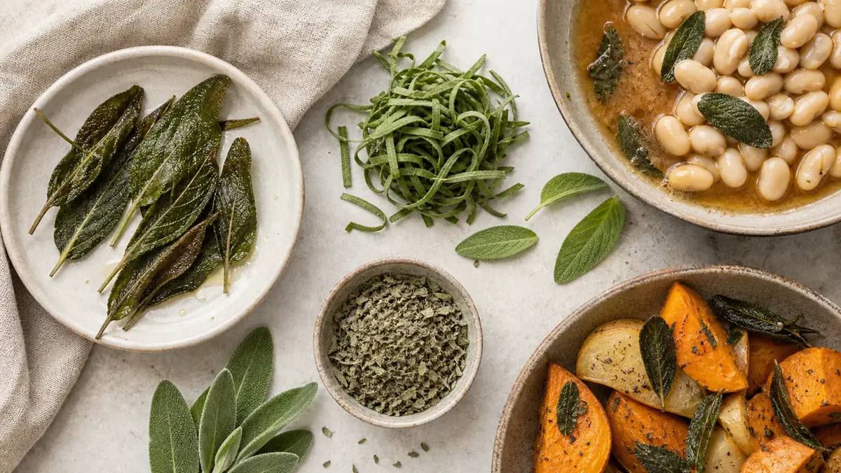 Fresh sage leaves, fried sage, sage ribbons, rubbed dried sage, beans, and squash arranged for texture choices