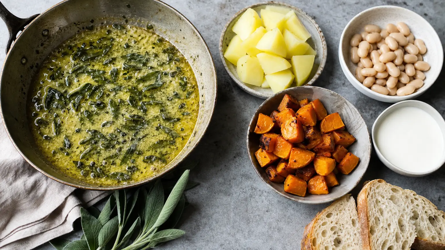 Over-herbed sage butter with potatoes, white beans, squash, cream, and bread for repair options