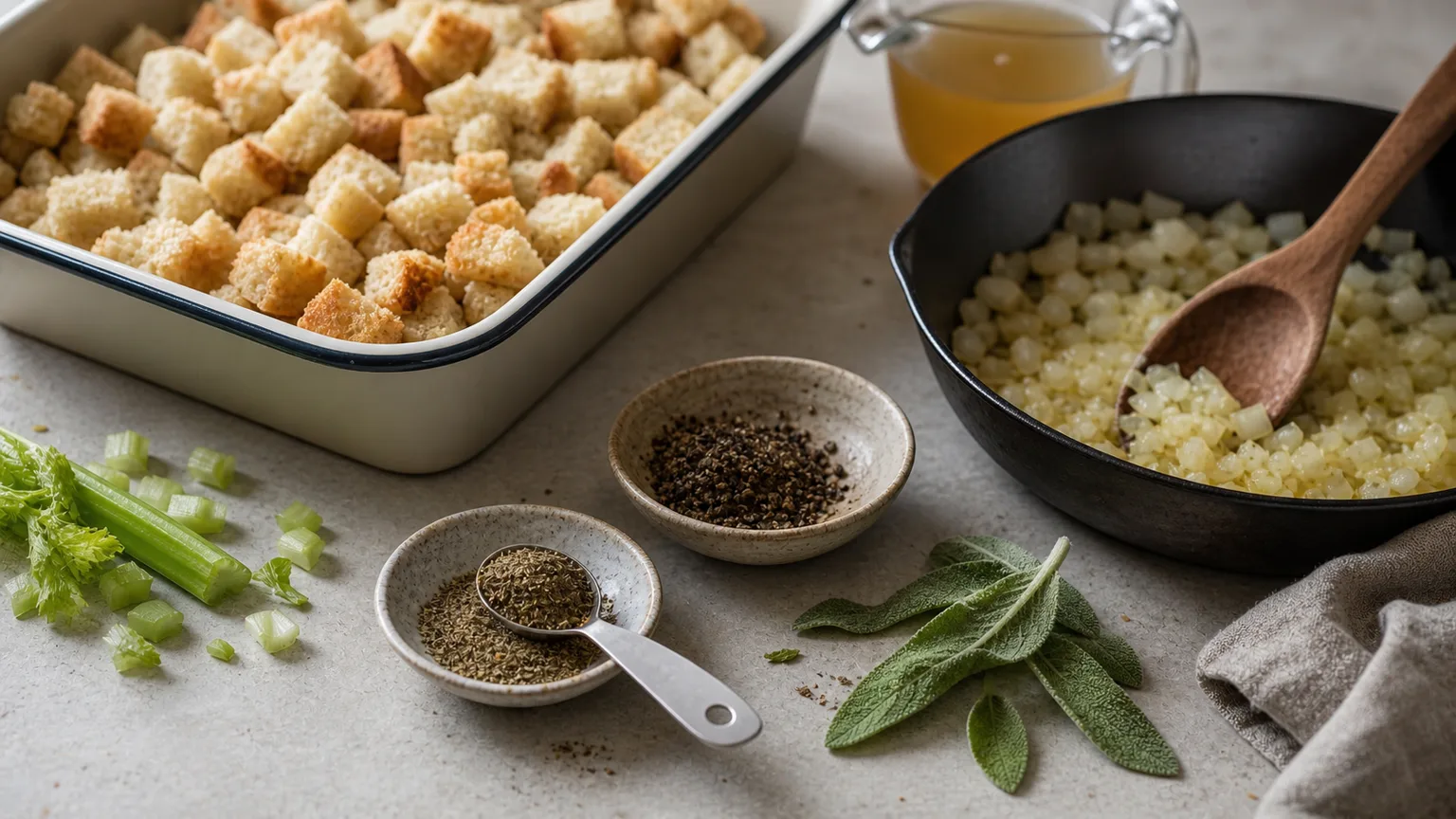 Measured spoon of dried sage beside bread cubes, onion butter, fresh sage, celery, pepper, and stock