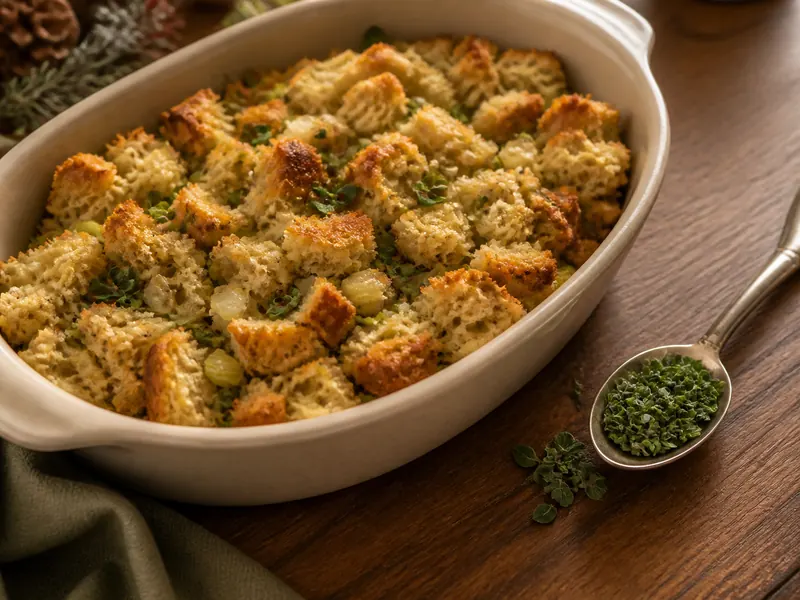 Fresh marjoram folded through bread stuffing beside an equal measured herb portion