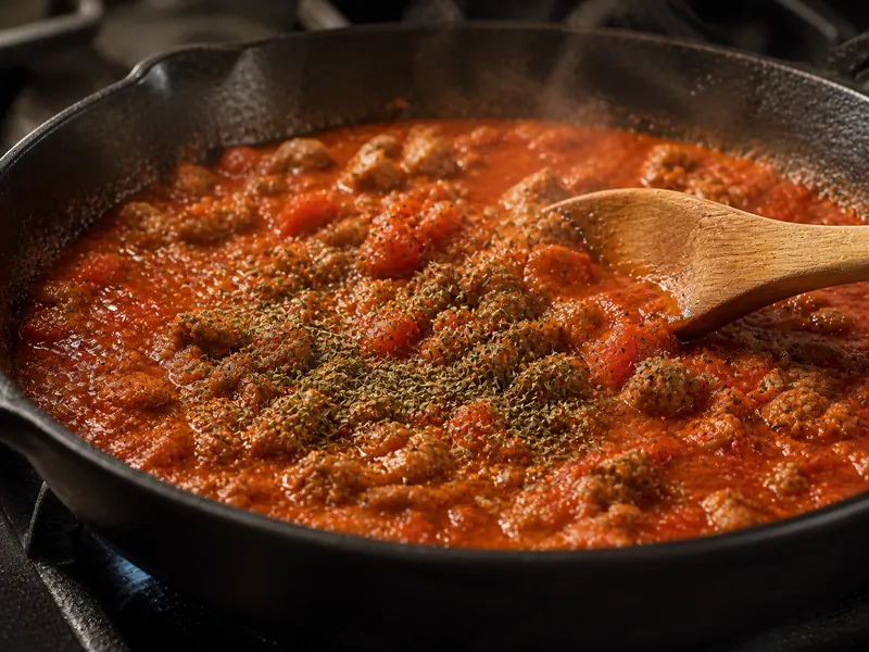 Dried oregano entering a tomato and sausage skillet on a black stovetop pan