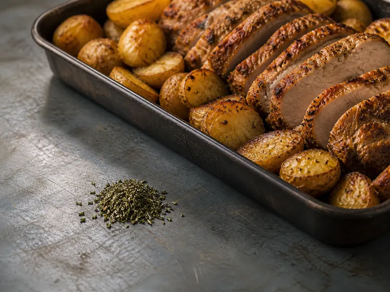 A tiny spoon of chopped rosemary beside a large tray of roast pork and potatoes