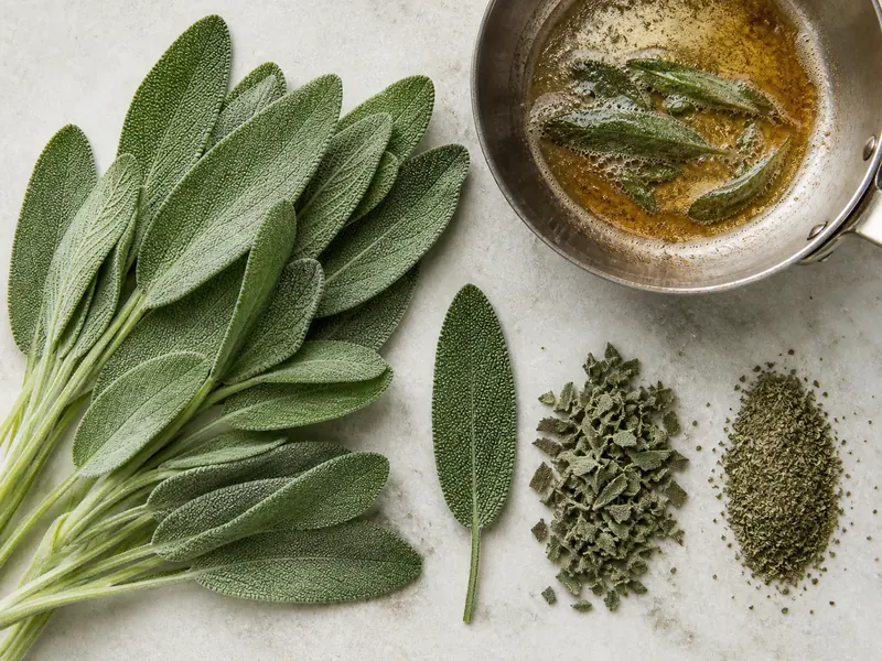 Velvety sage leaves beside browned butter and whole, rubbed, and dried herb forms