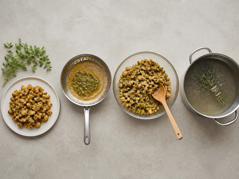Four cooking stations showing tender herbs at the finish, herbs in butter, stuffing, and a removable simmer bundle