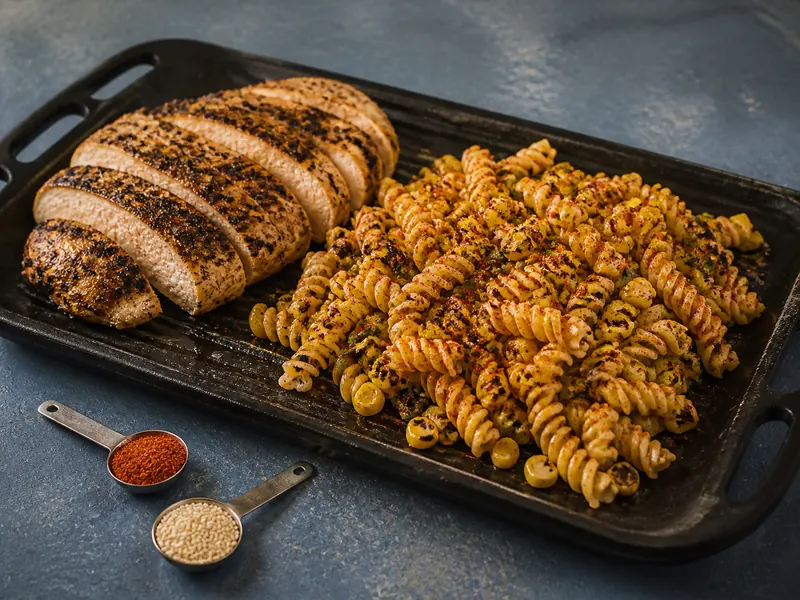 A small Cajun seasoning measure and sesame seed beside grilled chicken and corn pasta salad