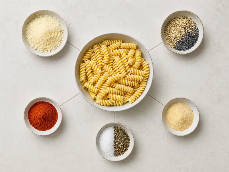 Cheese, sesame seed, paprika, garlic, and salt-pepper groups arranged around a plain pasta salad bowl