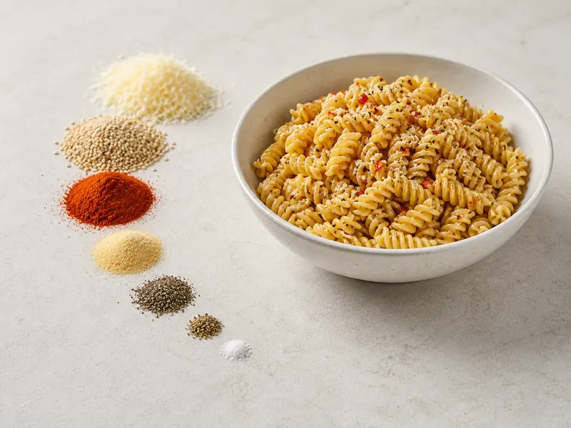 Unequal measures of Romano, sesame, paprika, garlic, celery seed, pepper, and salt beside pasta salad