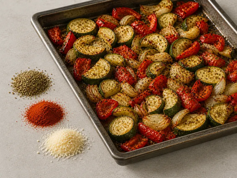 Italian seasoning, paprika, and grated Parmesan beside roasted zucchini and peppers