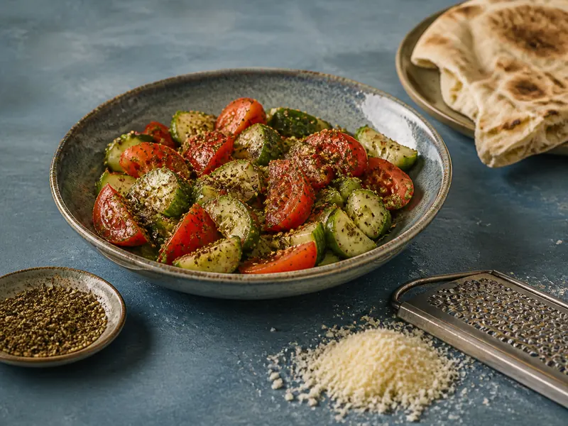 Za'atar and grated cheese on cucumber tomato salad beside flatbread