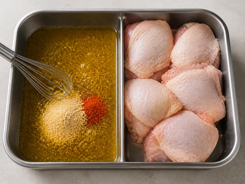 Pale adobo seasoning and orange annatto whisked into a citrus-oil chicken marinade