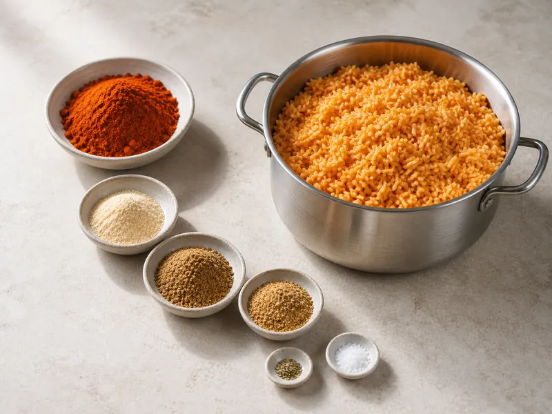 Unequal measures of annatto, garlic, cumin, coriander, oregano, and salt beside orange-gold rice