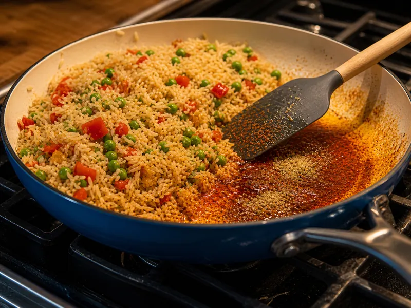 Paprika, cumin, and garlic blooming at the edge of a vegetable rice pan