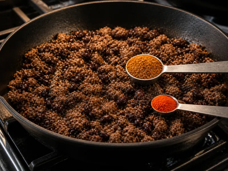 A small taco seasoning measure and orange annatto beside browned beef and dark beans