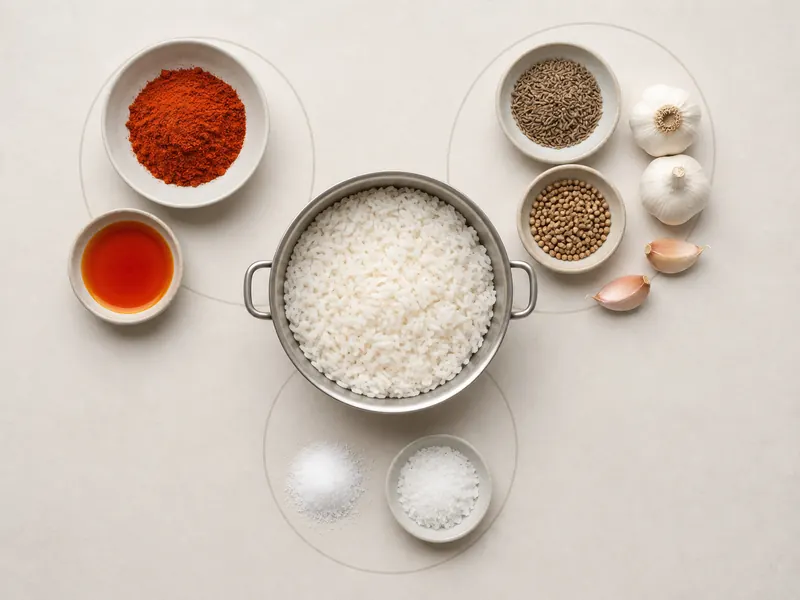 Annatto color, cumin-coriander-garlic aromatics, and salt-savory groups arranged around pale rice