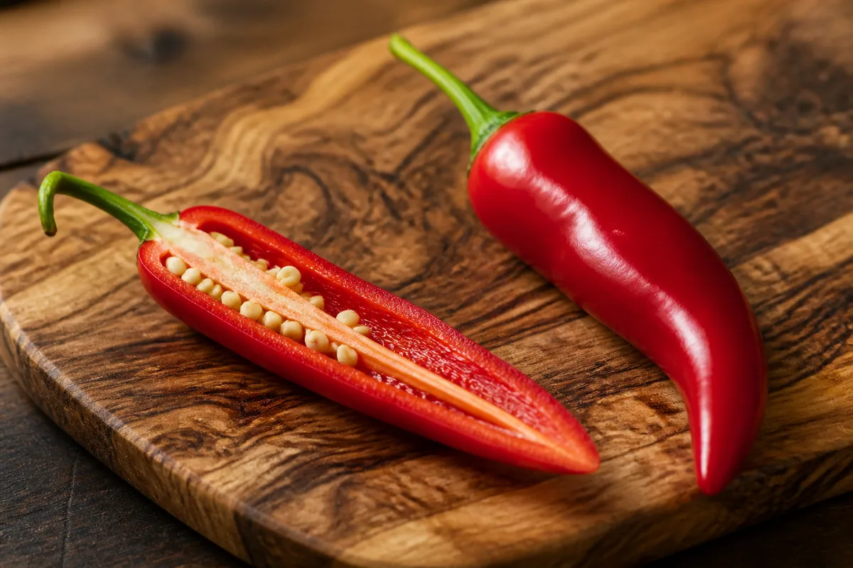 A red chile halved lengthwise showing the pale spongy rib down the inside wall with seeds attached to it, beside a whole chile