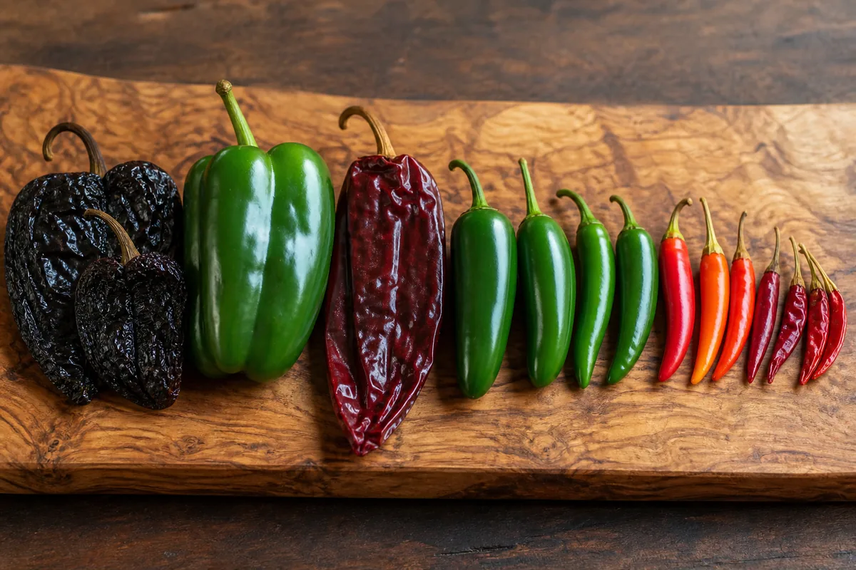 A row of fresh and dried chiles arranged from large mild ancho and bell peppers through jalapeno and serrano to small red bird chiles