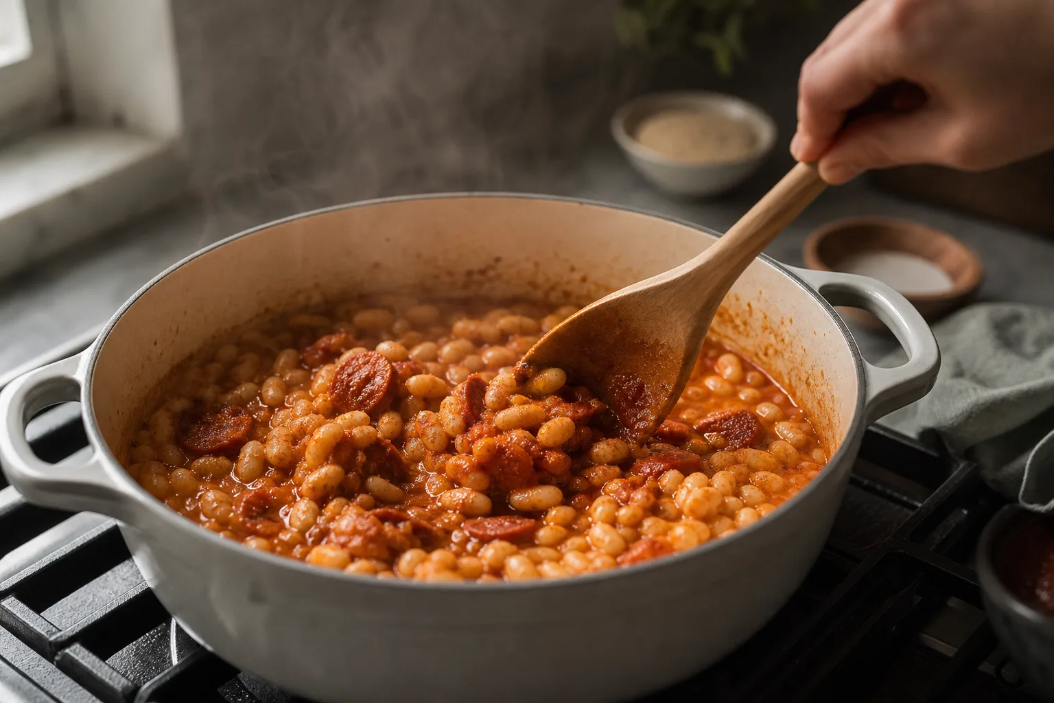 Smoked paprika being stirred into a pot of white beans and sliced chorizo on the stove