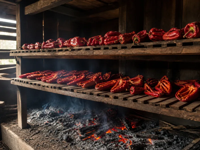 Red paprika peppers drying on wooden racks above low oak embers in a smoke-drying room - smoked paprika production | KnowTheSpices