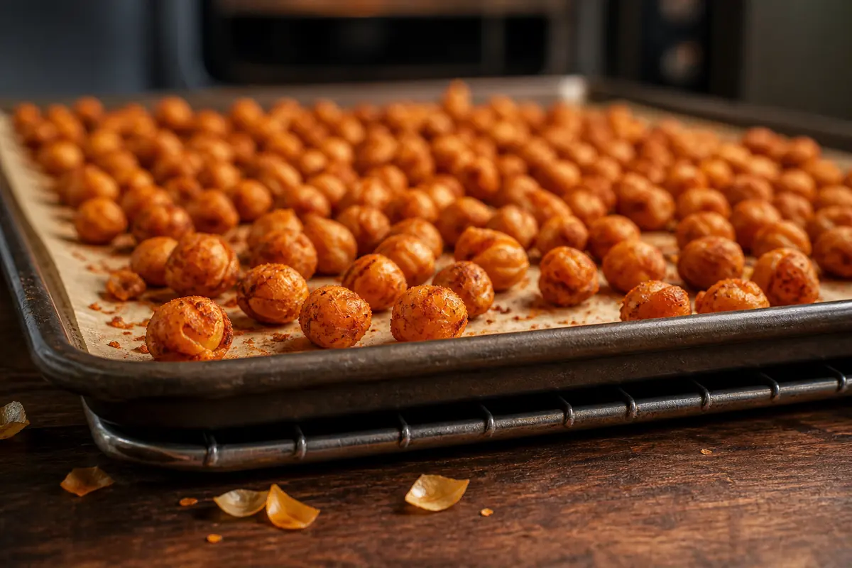 Smoked paprika chickpeas cooling in one uncrowded layer on a roasting tray
