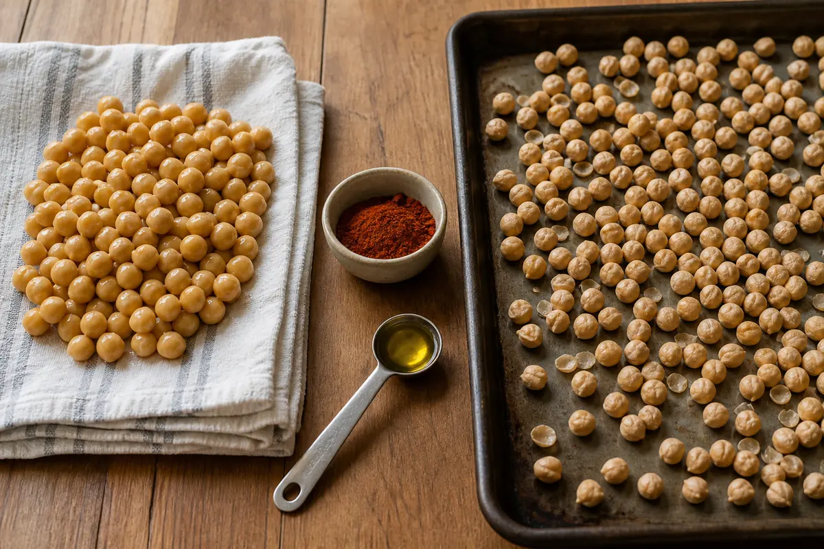 Glossy wet chickpeas beside matte dried chickpeas spread on a roasting tray
