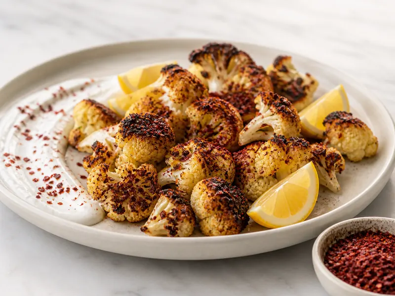 Coarse Aleppo pepper flakes finishing charred roasted cauliflower with lemon