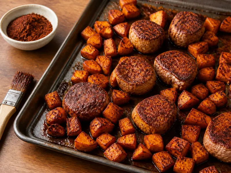 Ancho chile powder coating pork and sweet potato on a dark roasting tray